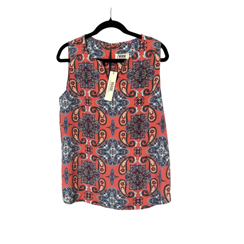 NWT VERSE Size L Paisley Print Salmon Pink and Blue Sleeveless Top